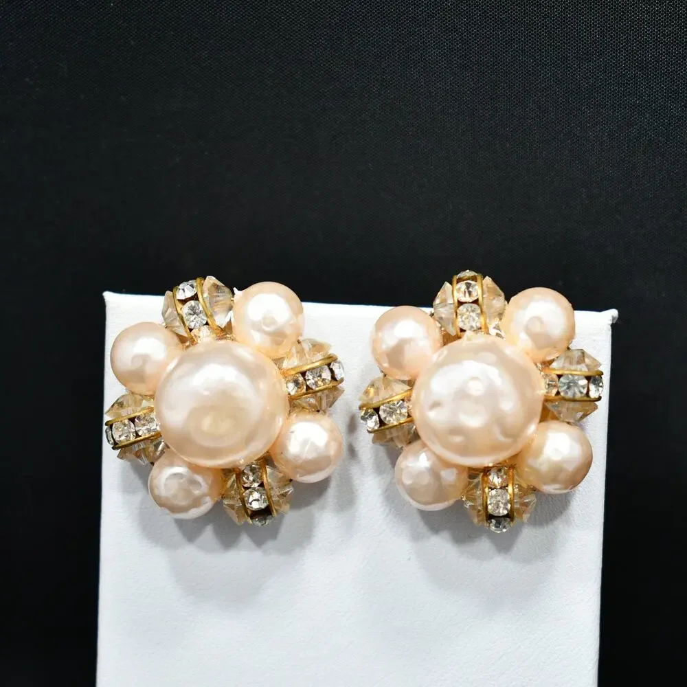 Vintage Lisner Pink Faux Pearl Rhinestone Earrings, Clip-On, Mid-Century, 1950s